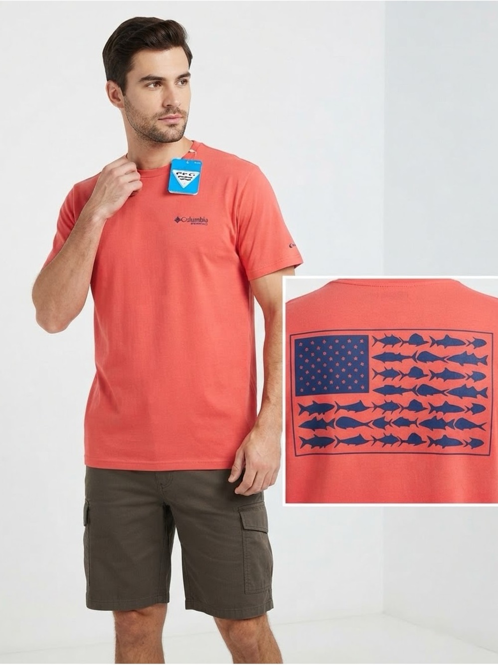 Columbia PFG Red Graphic Short Sleeve Tee Size XL American Flag Fish Print NWT